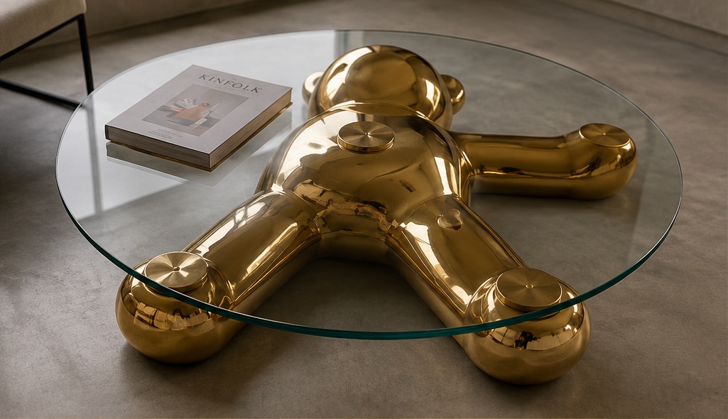 Teddy Table couché couleur or avec plateau en verre